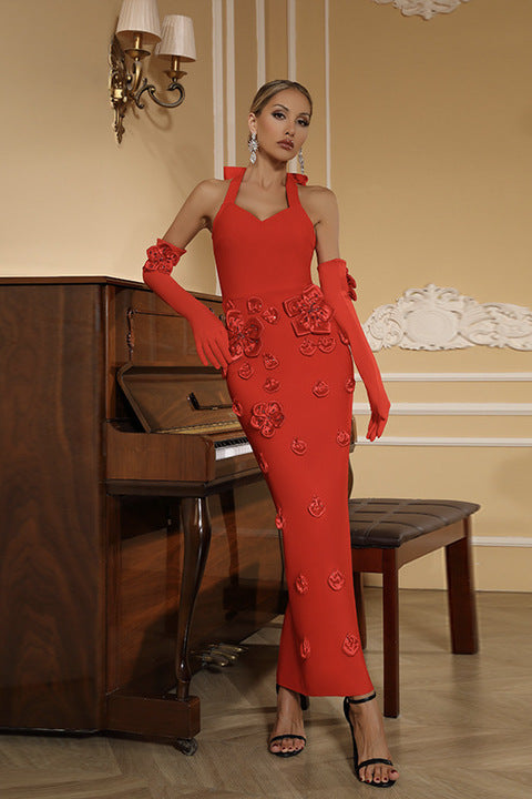 Elegant Red Halter Neck Maxi Dress Luxury Women's 3D Flower Backless Bow Party Evening Dresses Formal Gown With Long Gloves