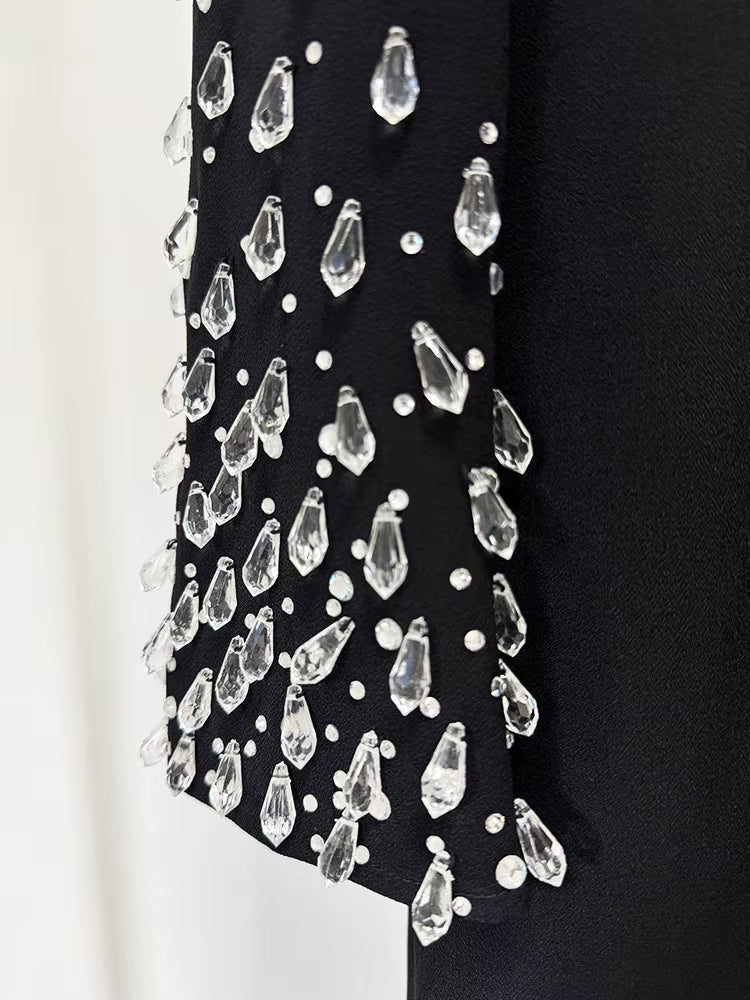 Custom Design Black Crystal-Beaded Evening Gown