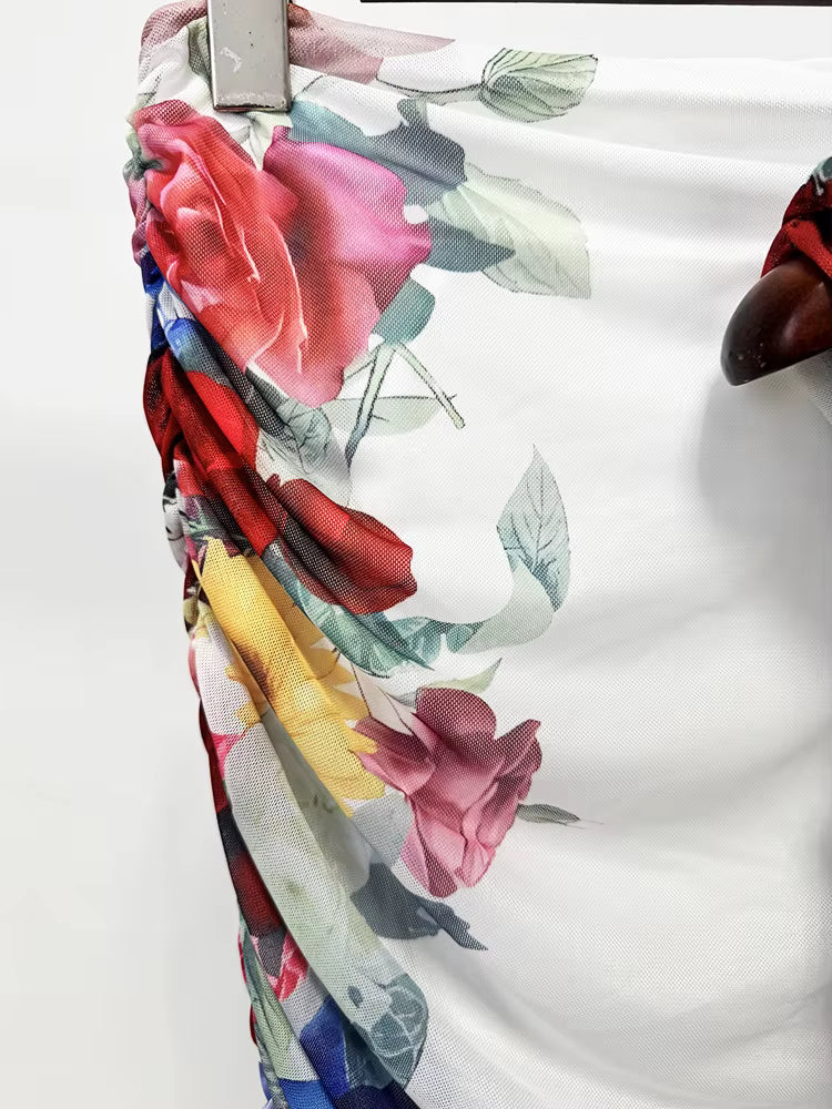 Sheer Floral Mesh Off-Shoulder Ruched Midi Skirt Set