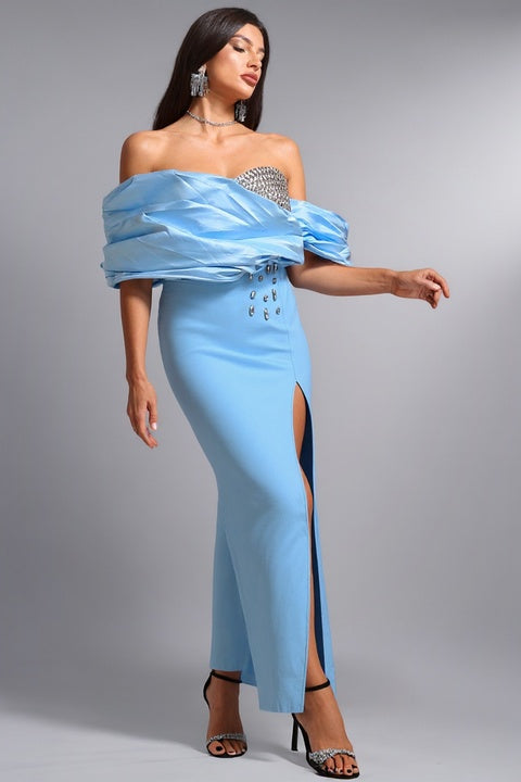 Custom Off Shoulder Rhinestone Slit Maxi Dress Women Elegant Long Blue Formal Gown Bodycon Evening Party Dresses Manufacturer