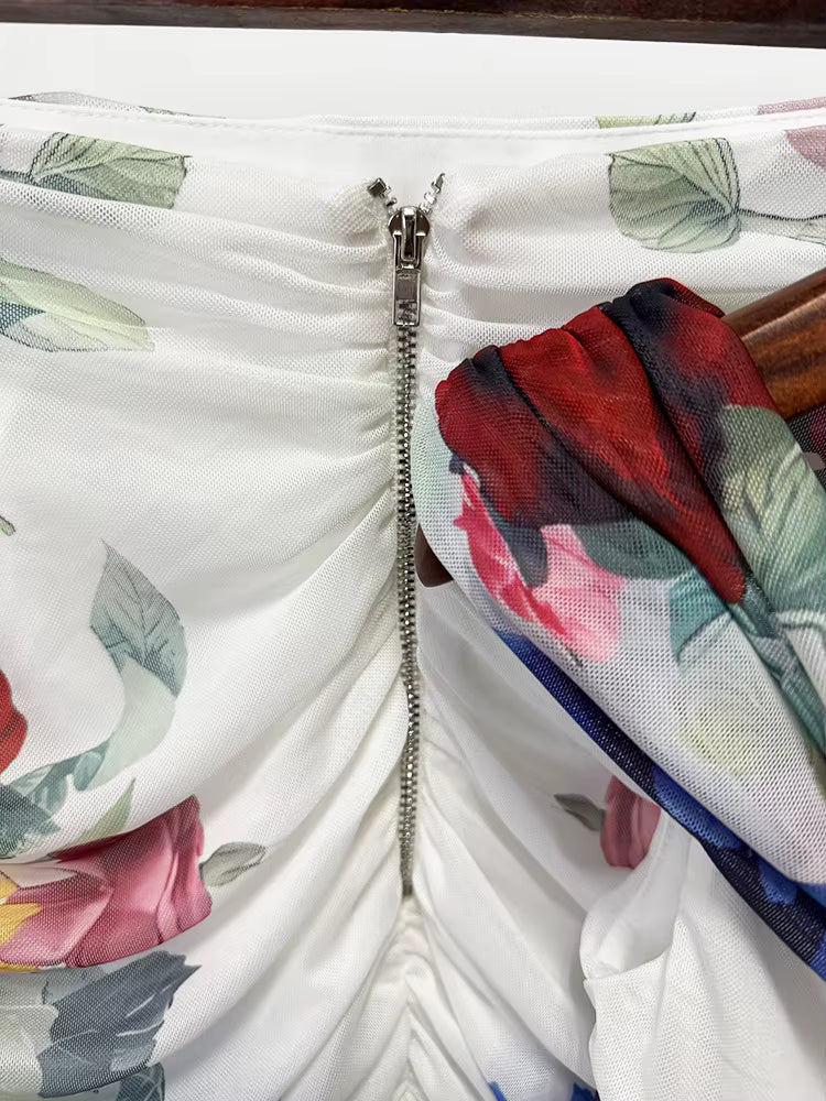 Sheer Floral Mesh Off-Shoulder Ruched Midi Skirt Set