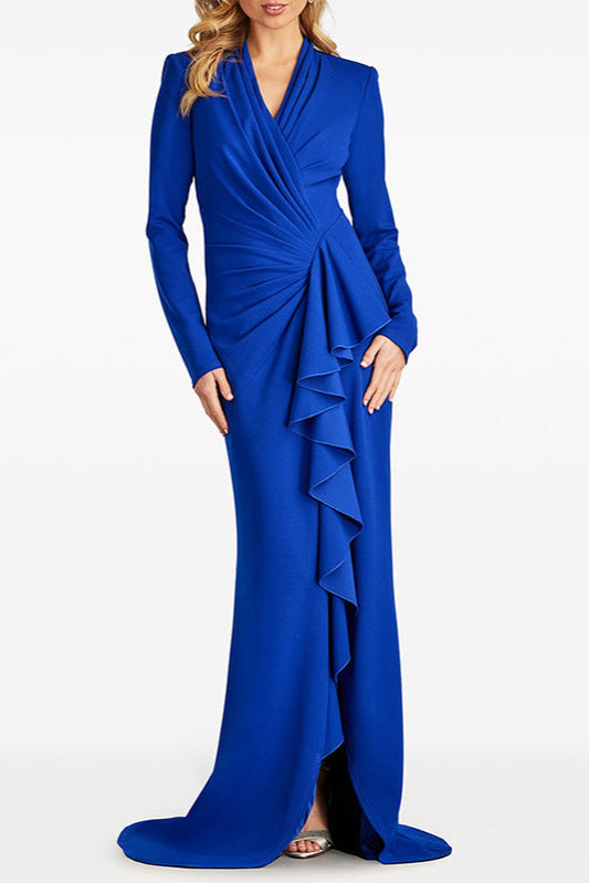2025 Womens Fashion Clothes Elegant V-Neck Pleated Small Tail Long Royal Blue Ruffle Evening Dresses For Women
