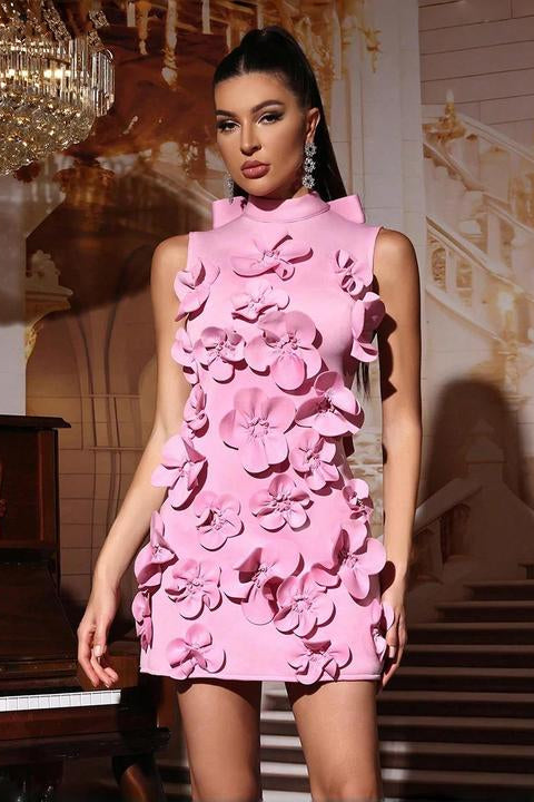 Elegant Sleeveless Formal Prom Club Evening Dresses High Neck Air Layer Fabric Pink Mini Dress With 3D Flower Applique