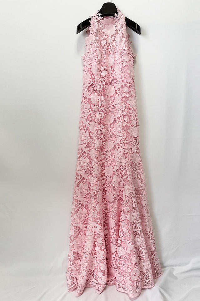 Pink Lace Halter High Neck Evening Gown Mermaid Bodycon Maxi Formal Party Dress with Custom Design Service