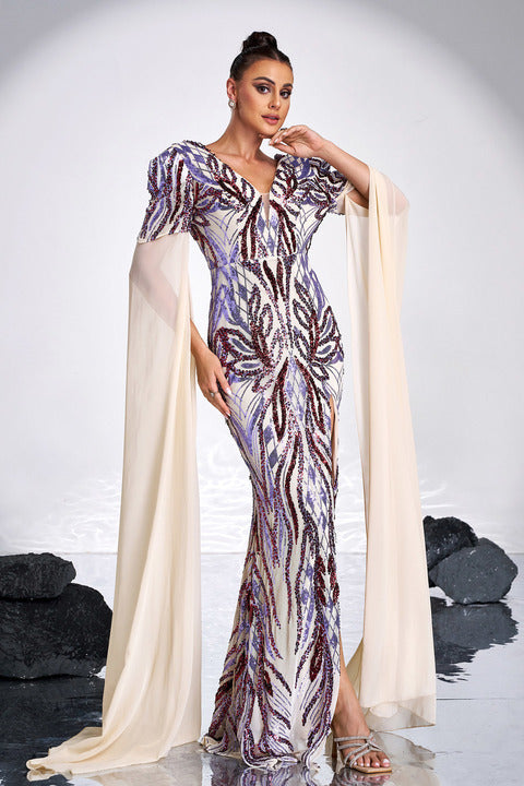 Luxury Sequin Cape Evening Gown Women Elegant V Neck Split Maxi Dress Sparkly Beaded Long Formal Prom Party Outfit