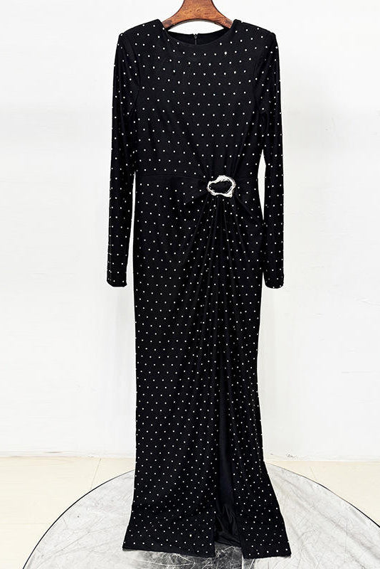 Custom Elegant Black Polka Dot Long Sleeve Bodycon Maxi Dress Women Formal Party Evening Split Thigh Belted Work Occasion Gown