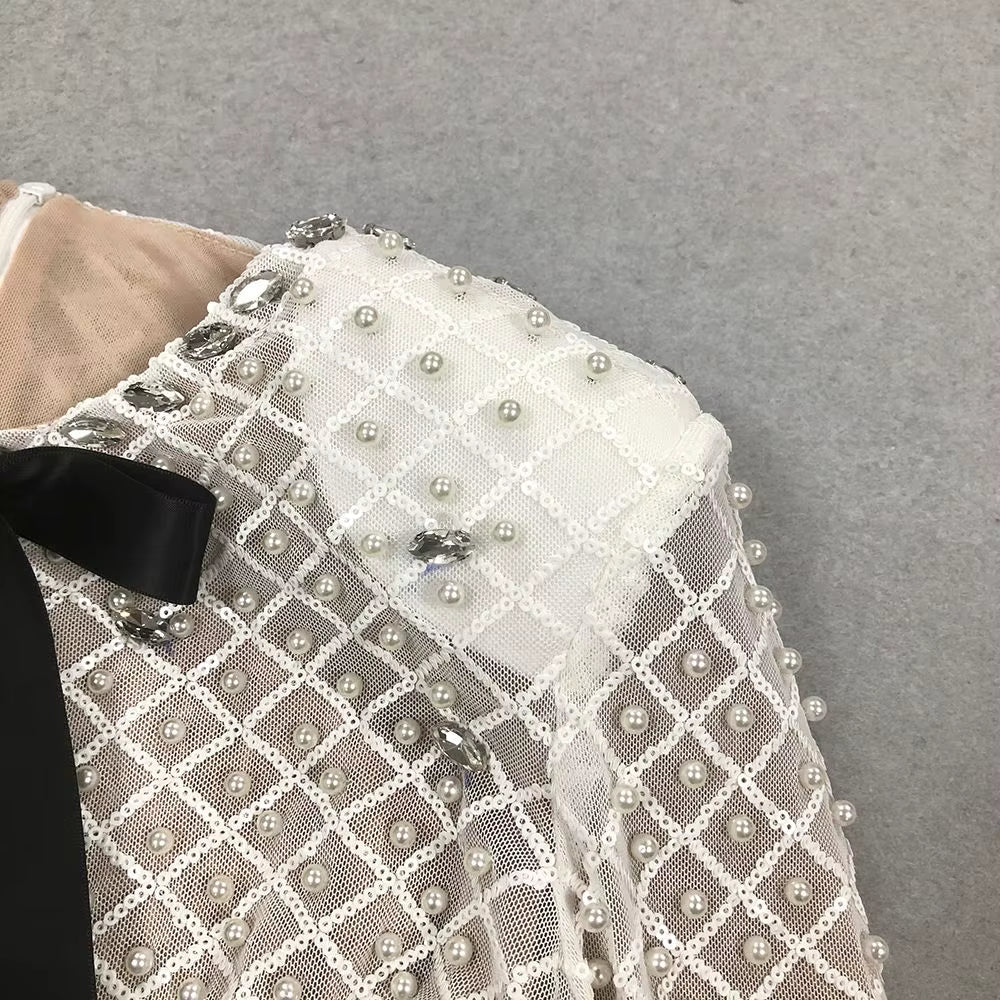 Rhinestone Bow Grid Mini Dress