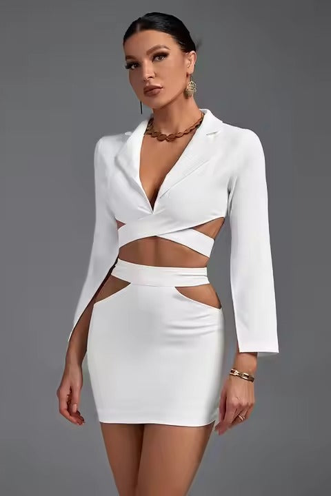 V-Neck White Women's Blazer Set
