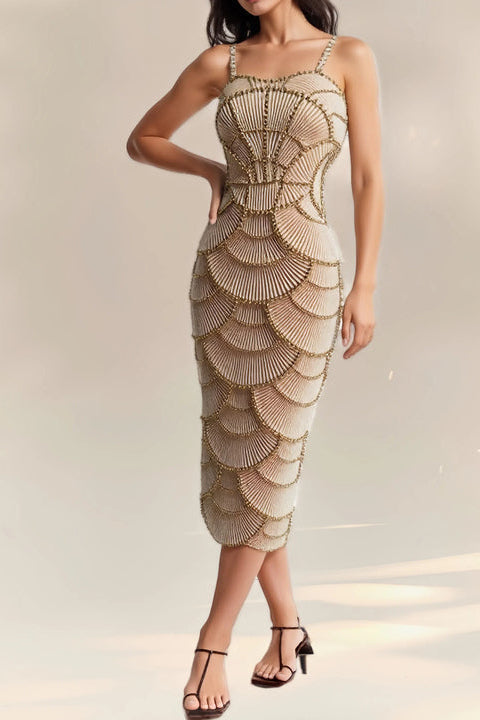 Luxury Custom Designer Sparkly Beaded Cutout Bodycon Cocktail Midi Dress for Women Elegant Evening Party Clubwear