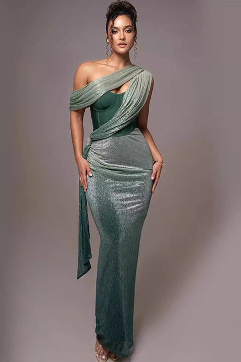 High Quality Women Party Wear Green One Shoulder Draped Bodycon Formal Dresses Elegant Corset Maxi Dress Evening Gown