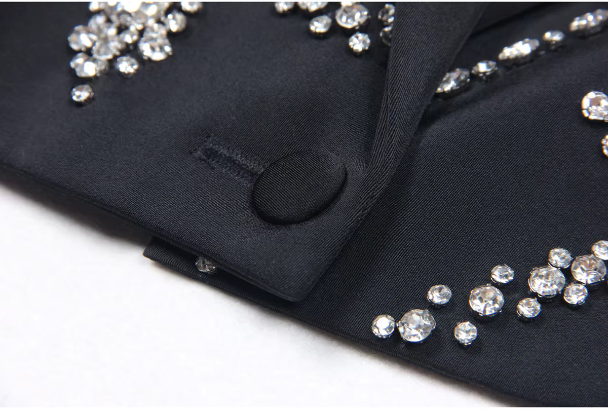Rhinestone Deep V Sleeveless Cropped Blazer Vest