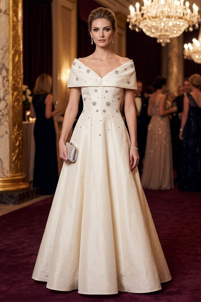 Luxury Beige Shoulder Star Applique A-Line Evening Gown Mikado Satin Ballgown Formal Wedding Dress with Custom Design
