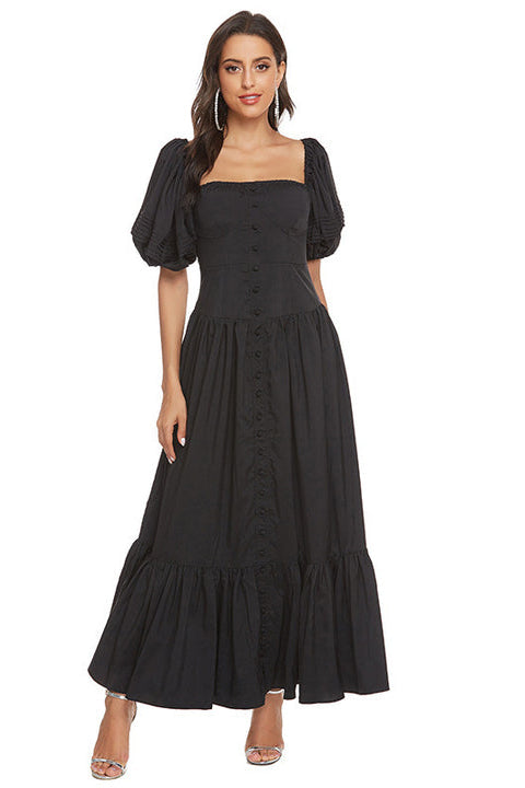 Summer Lady Stylish Cotton Puff Hubble-bubble Sleeve A-line Black Maxi Casual Dress