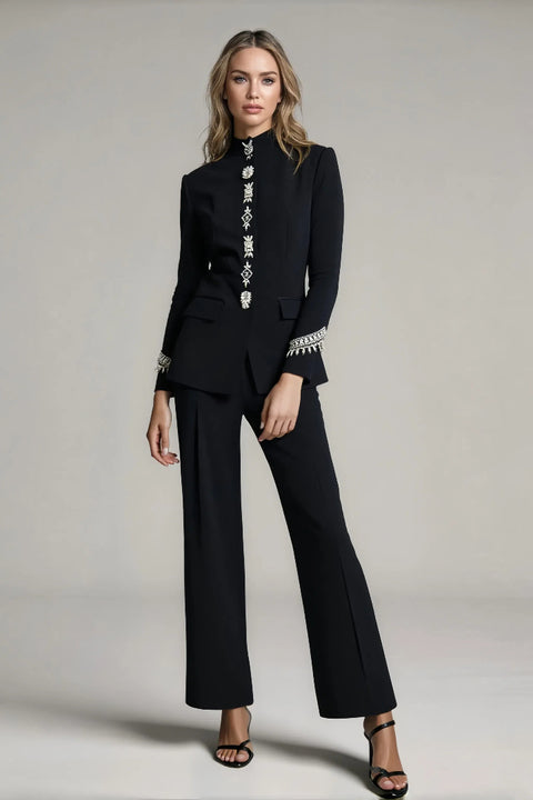 Black Rhinestone Embellished Blazer Pants Set Elegant Formal Office Business Party Suit Set Manufacturers for Custom Clothes Set