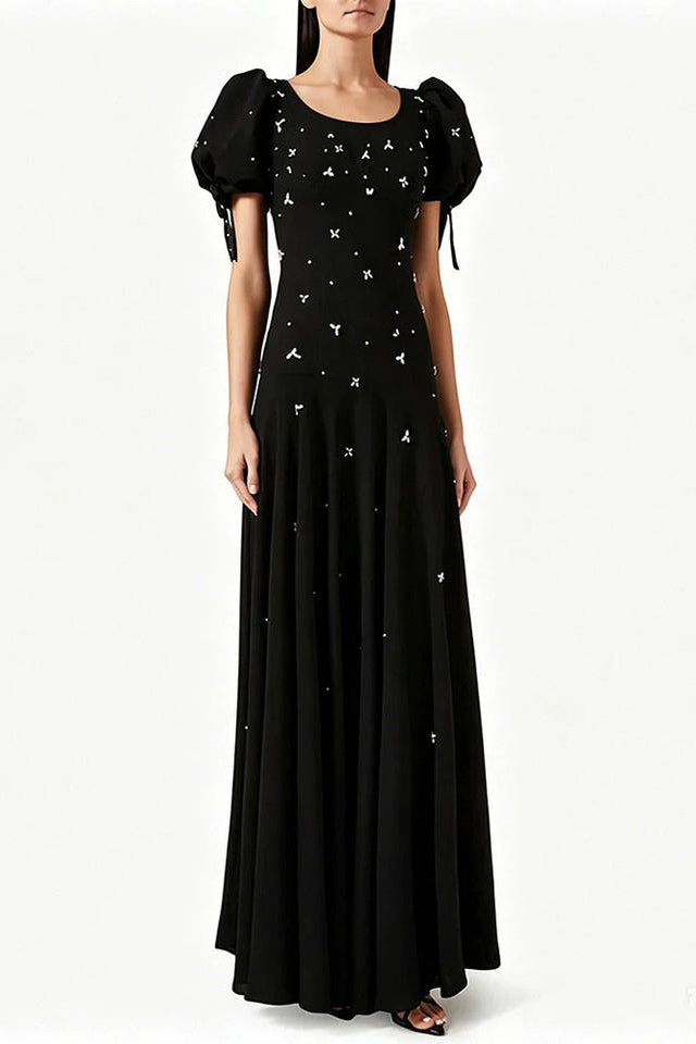 Custom Design Black Short Puff Sleeve Maxi Formal Dress Crystal Rhinestone Embellished A-Line Evening Party Gown