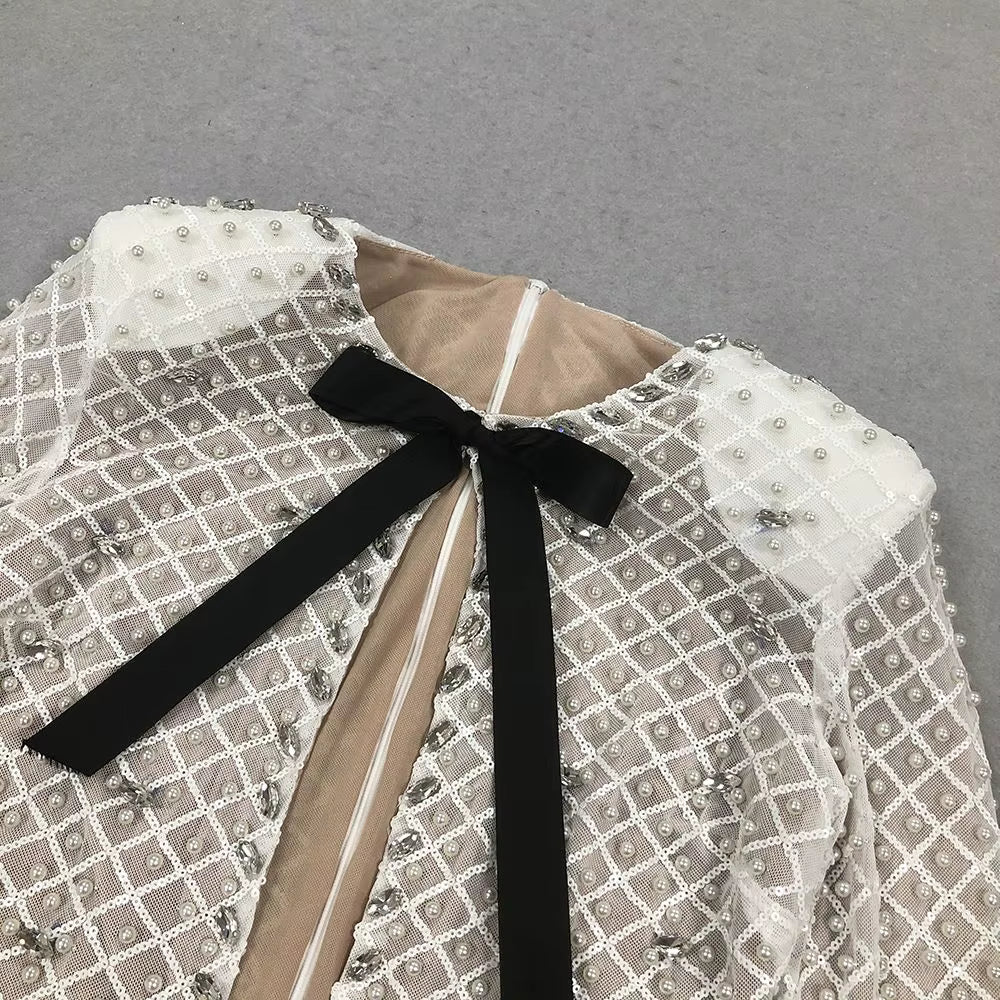 Rhinestone Bow Grid Mini Dress