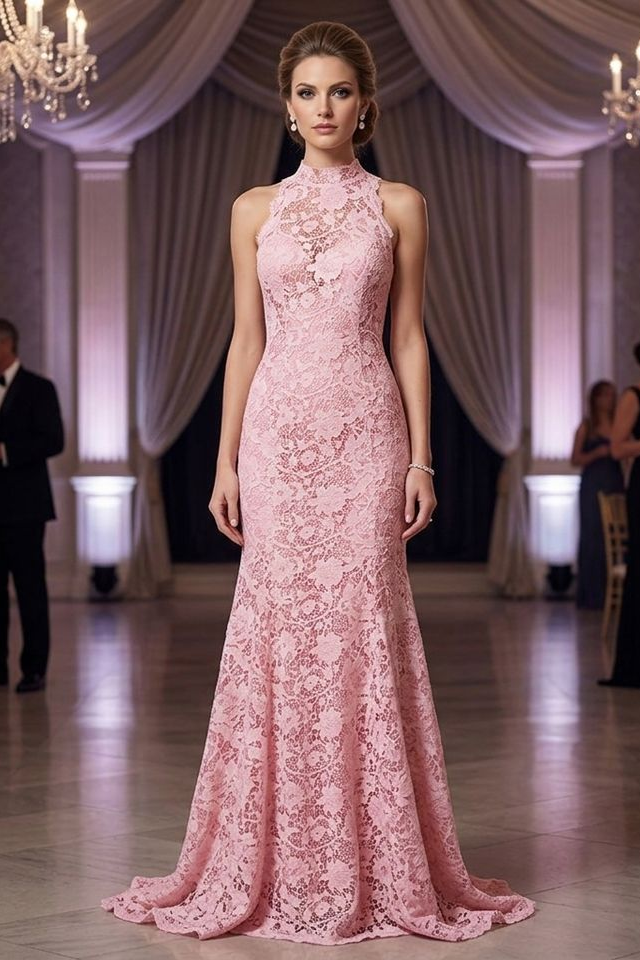 Pink Lace Halter High Neck Evening Gown Mermaid Bodycon Maxi Formal Party Dress with Custom Design Service