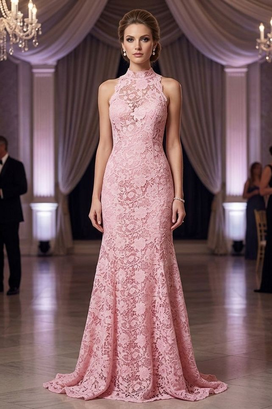 Pink Lace Halter High Neck Evening Gown Mermaid Bodycon Maxi Formal Party Dress with Custom Design Service