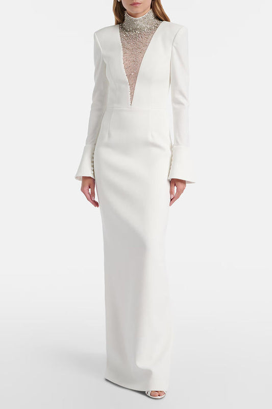 Custom Design White Crystal Embellished High Neck Evening Gown Long Sleeve Illusion Maxi Bridal Dress