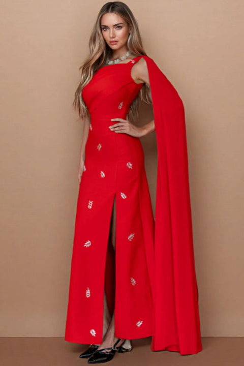Elegant Long Party Bandage Dress Luxury Red One Shoulder Maxi Evening Dresses Women Slit Formal Gown With Cape 2025