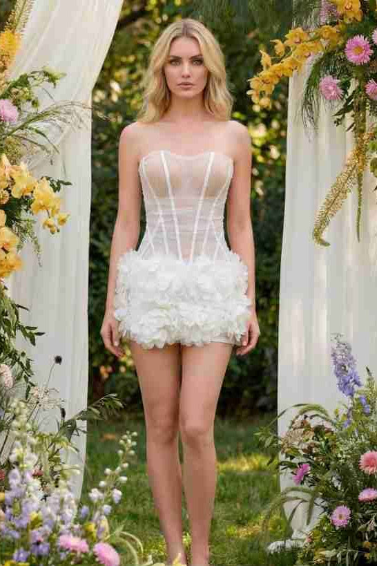 OEM Bridal Shower Bachelorette Party Cocktail Clubwear White Strapless Mesh Corset Mini Dress With 3D Floral Ruffles