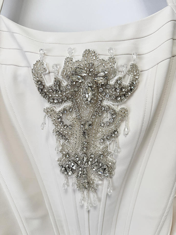 White Halter Neck Bandage Dress Corset Bodice Crystal Applique Ruched Maxi Gown Bridal Party Custom Design