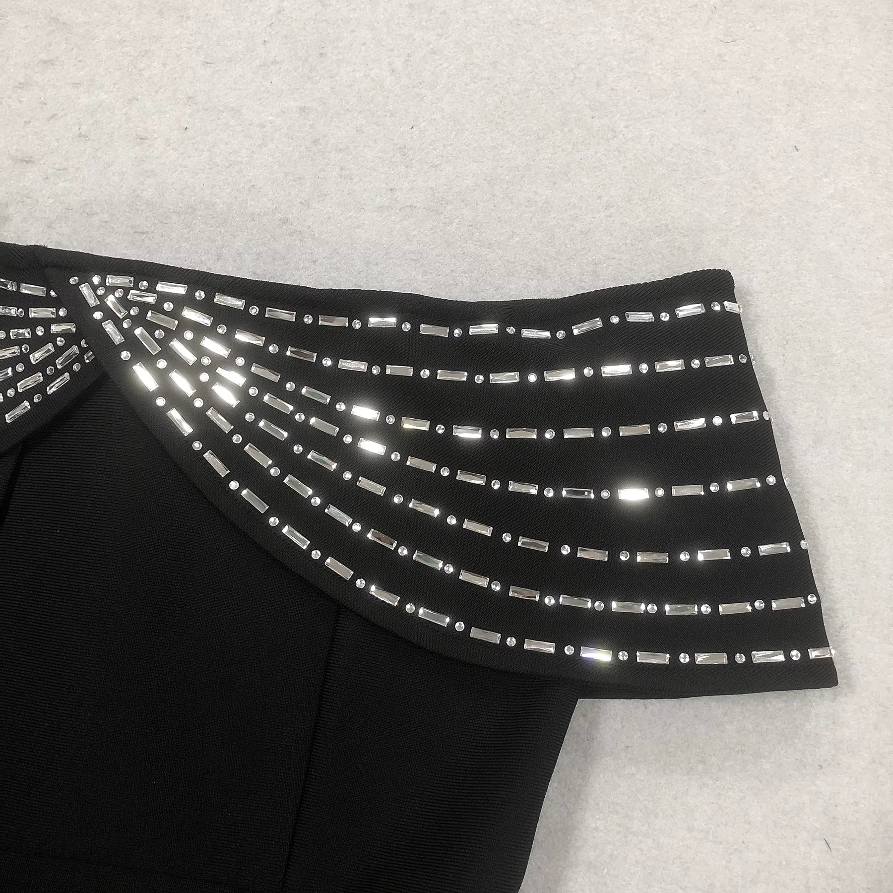 Serena Noir Off-Shoulder Rhinestone Maxi Gown