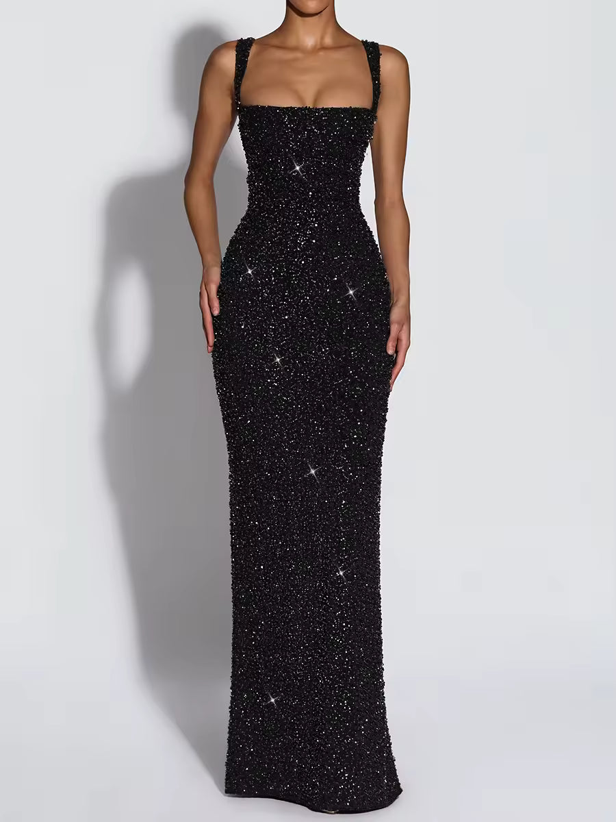 Sequin Square-Neck Sleeveless Bodycon Maxi Evening Dress
