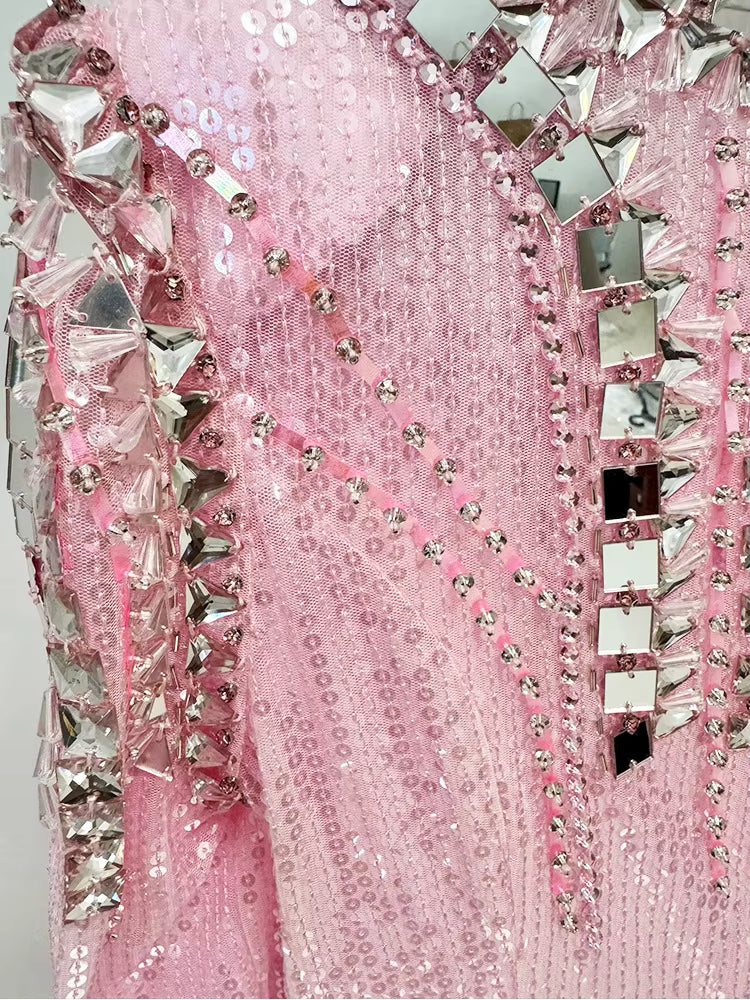 Aveline Pink Sequin Long Sleeve Evening Gown