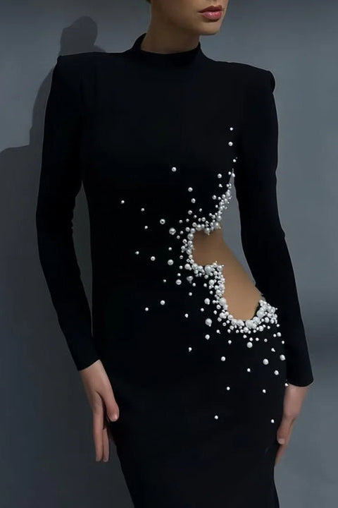 New Arrival Long Sleeve Black Solid Color Women Elegant Dress With Beading Lady Bandage Dresses