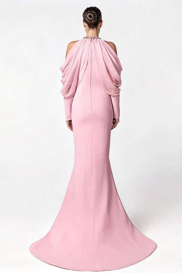 Custom Design Pink Halter Jeweled Neckline Cold Shoulder Long Sleeve Slit Evening Gown Mermaid Formal Maxi Dress