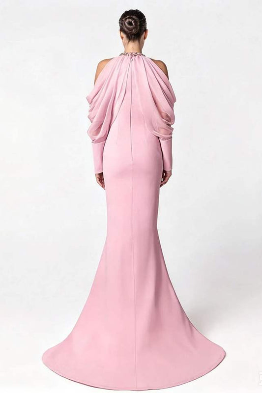 Custom Design Pink Halter Jeweled Neckline Cold Shoulder Long Sleeve Slit Evening Gown Mermaid Formal Maxi Dress