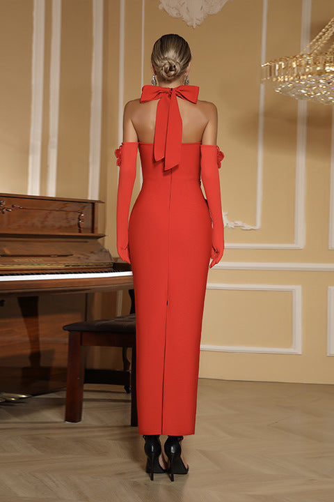 Elegant Red Halter Neck Maxi Dress Luxury Women's 3D Flower Backless Bow Party Evening Dresses Formal Gown With Long Gloves
