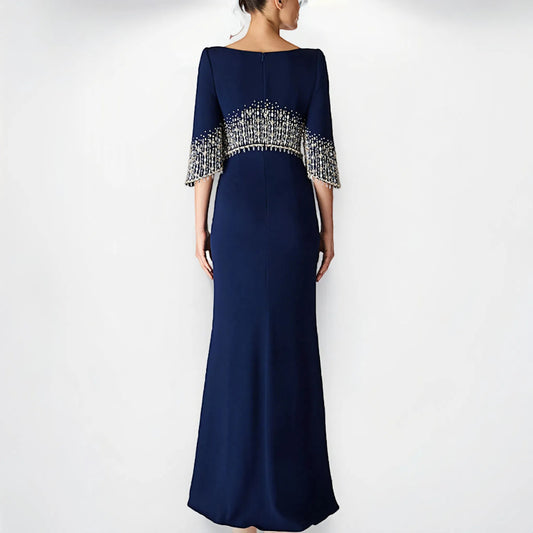 Custom Evening Gowns Manufacturers Beaded Diamond Mid-length Sleeve Elegant Dress Long Formal Gown Floor Length Evening Dresses