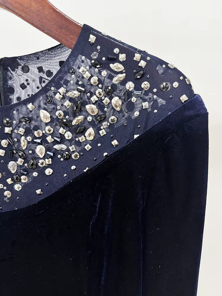 Velvet Beaded Mesh Sleeve Mermaid Evening Gown