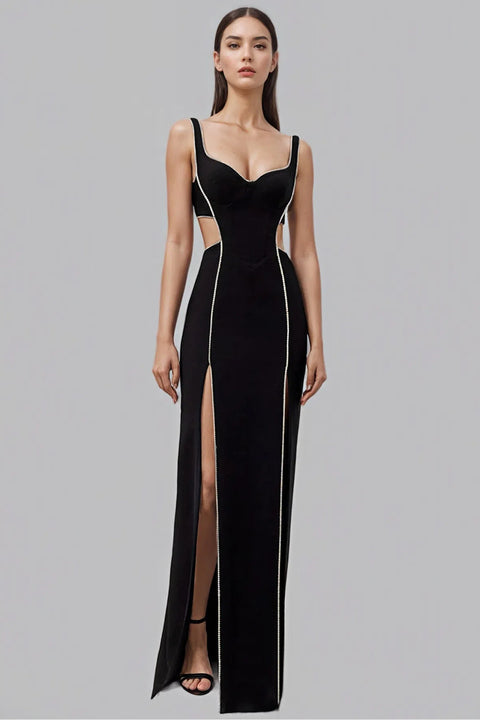 Women Black Rhinestones Cut Out Bodycon Maxi Dress Sleeveless High Slit Formal Evening Gown Sexy Party Wear for Wedding Guest