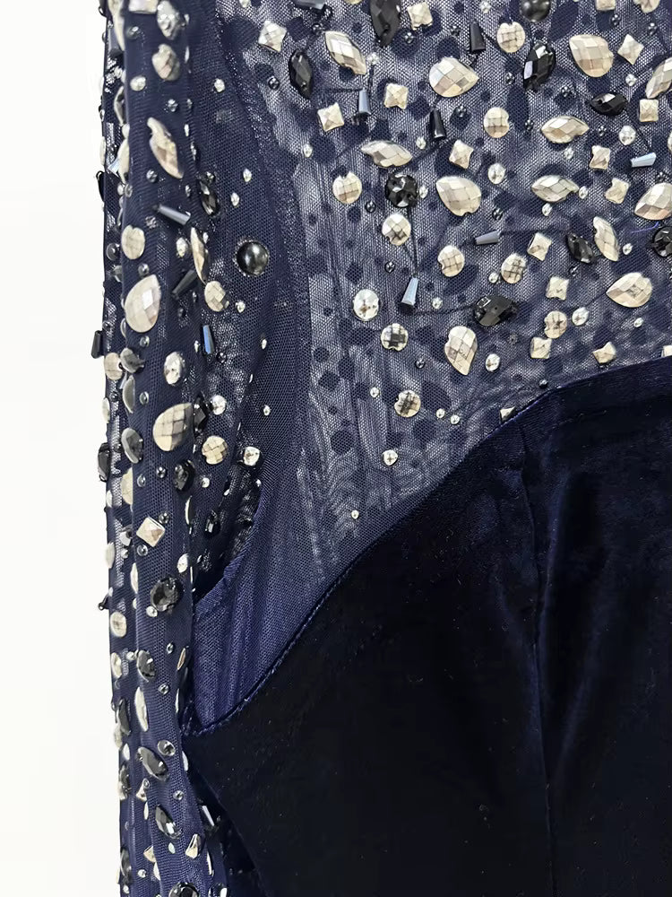 Velvet Beaded Mesh Sleeve Mermaid Evening Gown