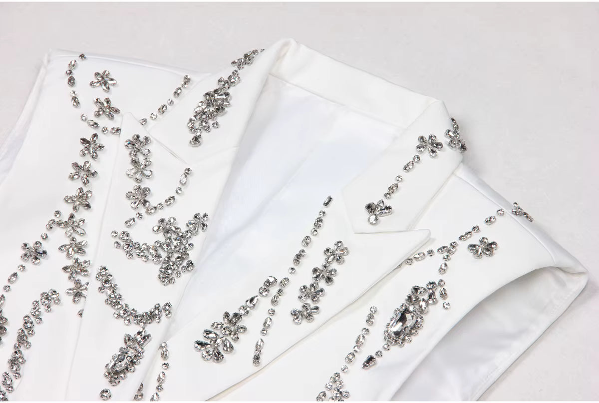 Rhinestone Deep V Sleeveless Cropped Blazer Vest
