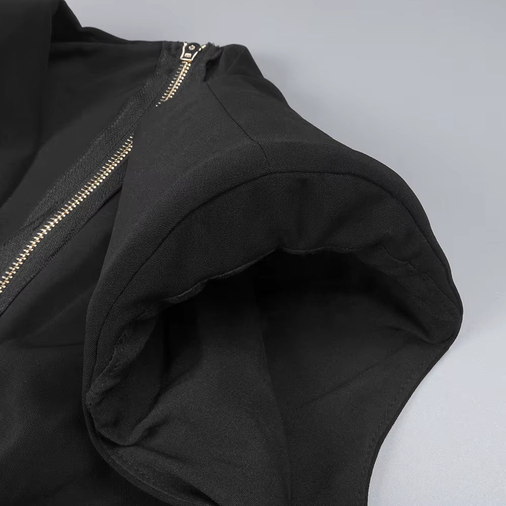 Deep V-Neck Black Slit Dress