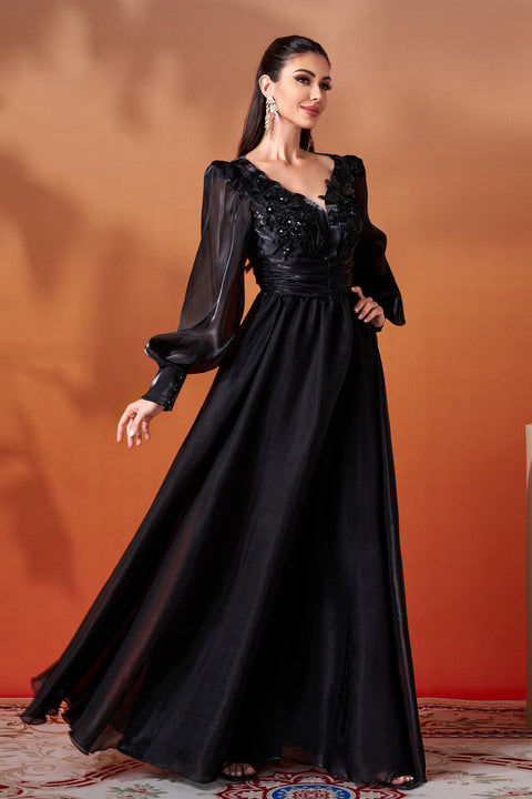 Luxury Black Evening Maxi Dresses Women Long Sleeve V Neck Gown Formal Party Dress Prom Wedding Outfit Ladies Fashion Clothing