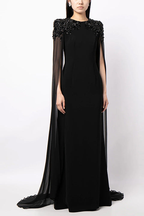 Wholesale Boutique Clothing Luxury Black Beaded Cape Sleeve Maxi Evening Dresses Elegant Floor Length Formal Dress Party Gown