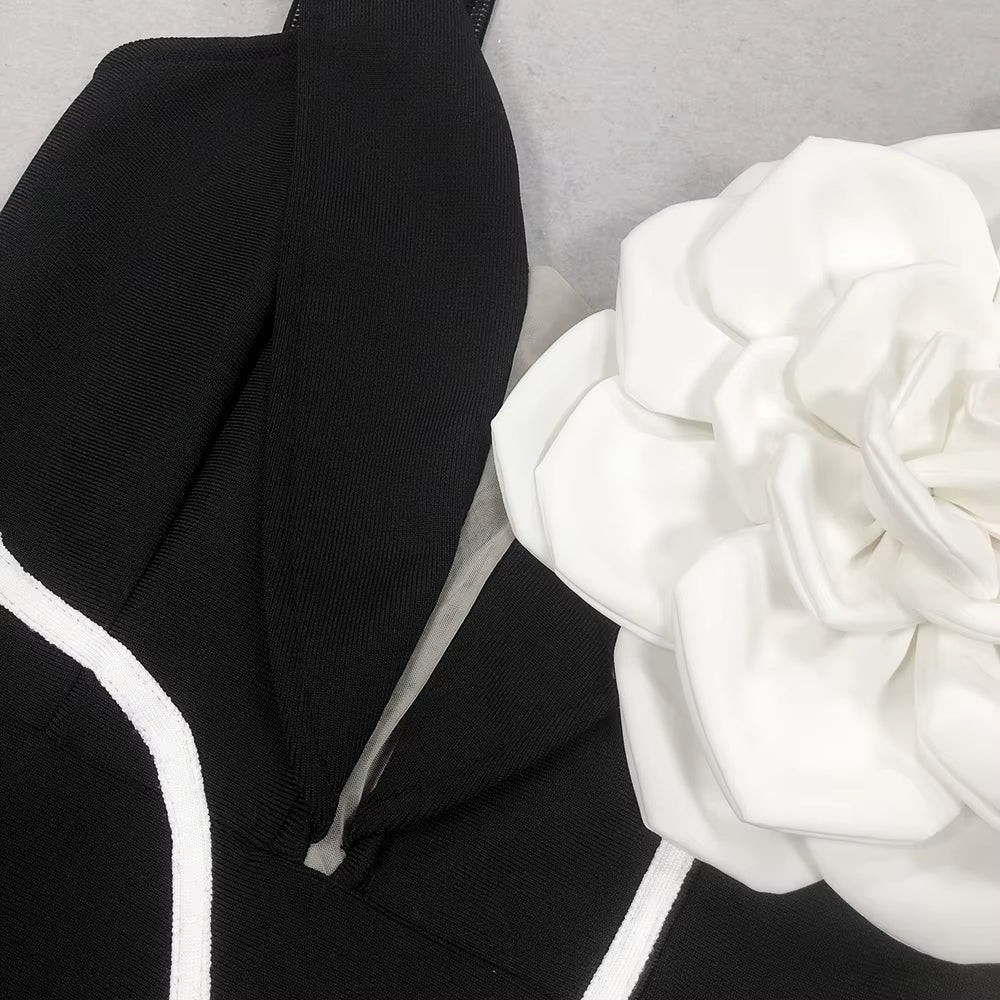 V-Neck Bandage Dress with Flower Detail