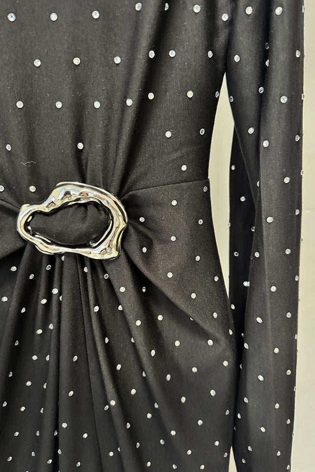 Custom Elegant Black Polka Dot Long Sleeve Bodycon Maxi Dress Women Formal Party Evening Split Thigh Belted Work Occasion Gown