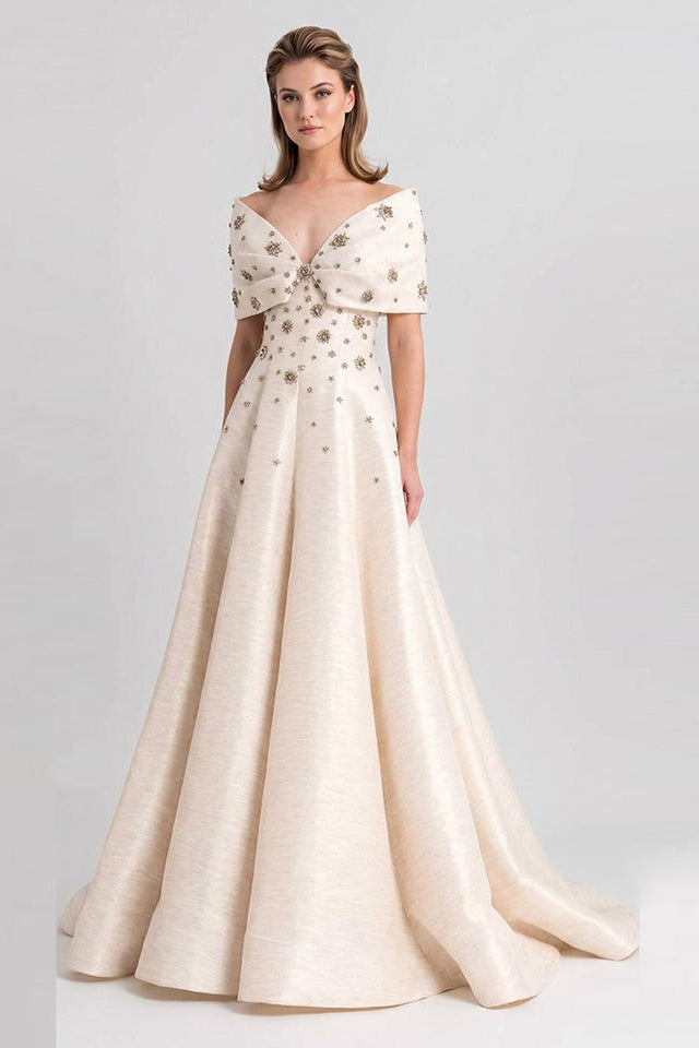 Luxury Beige Shoulder Star Applique A-Line Evening Gown Mikado Satin Ballgown Formal Wedding Dress with Custom Design