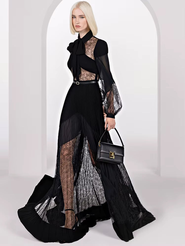 Celestia Black Lace Patchwork Pleated