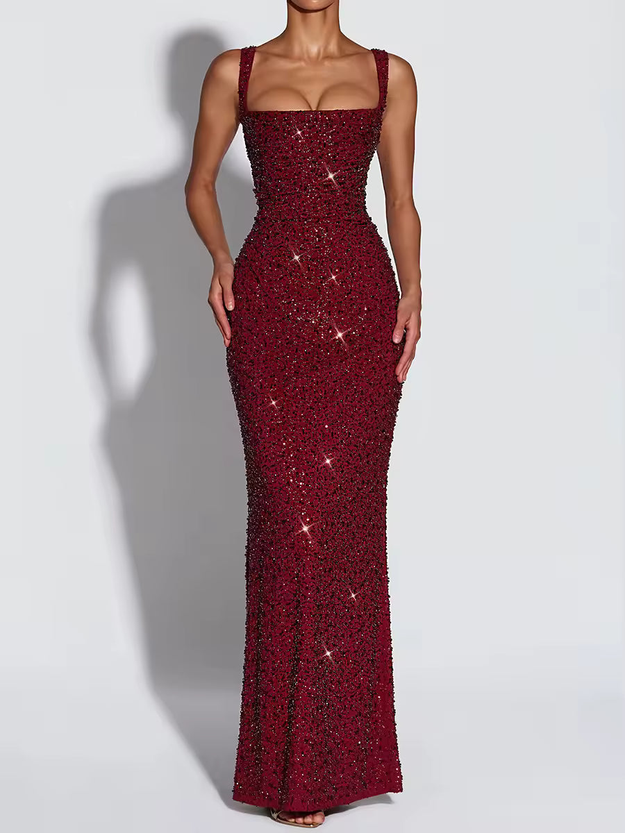Sequin Square-Neck Sleeveless Bodycon Maxi Evening Dress