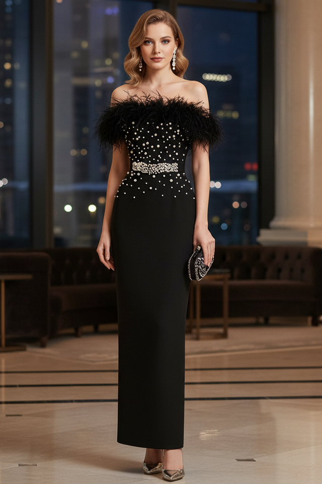 Custom Bandage Dresses Factory Luxury Black Strapless Bodycon Gown Elegant Feather Pearl Slim Maxi Evening Party Dress