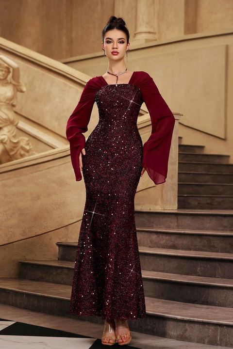 Elegant Burgundy Sequin Evening Gown Women Long Sleeve Formal Maxi Dress Luxury Sparkly Mermaid Prom Wedding Guest Party Dresses