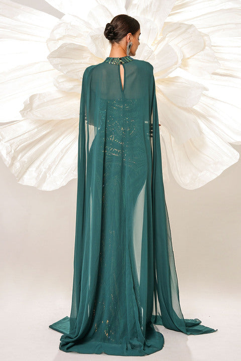 Elegant Women Sequin Mermaid Gown Evening Dresses Luxury Emerald Green Formal Dress Party Wear Gown With Flowy Cape