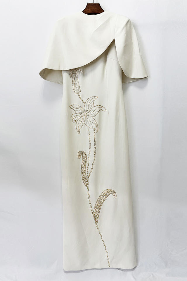 Elegant White Asymmetrical Capelet Evening Gown Hand Beaded Pearl Floral Column Maxi Party Dress with Custom Design Service